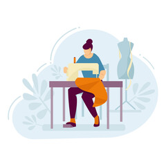 Woman seamstress works on a sewing machine. Vector illustration.