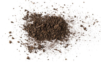 Dirt, soil pile isolated on white background, top view