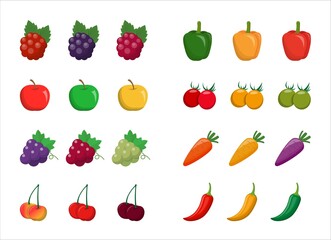 8 different colors of vegetables and fruits isolated on white background