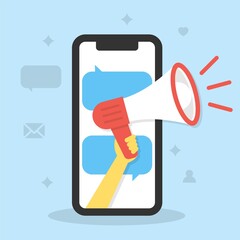 Hand holds a megaphone with a smartphone screen. Vector illustration on flat design