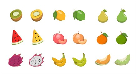 9 different colors of fruits isolated on white background