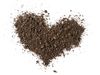 Dirt, soil pile in heart shape isolated on white background, top view