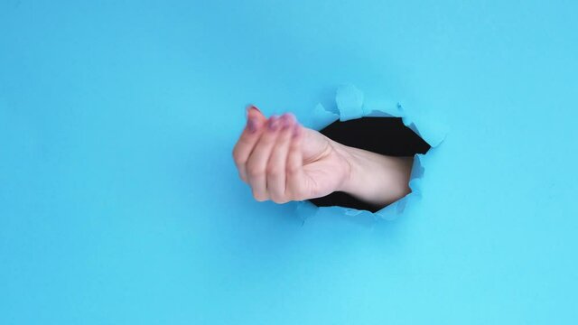 Pay back time. Debt loan. Female hand asking for money with gesture inside breakthrough hole isolated on blue ripped paper wall background with copy space. Commercial banner.