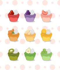 9 kinds of fruit jam toast on polka dot background