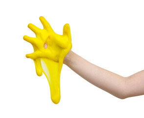 Obraz premium Child hand with sticky slime on white
