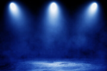 Empty space of Studio dark room with blue lighting effect and fog on concrete floor in black background. 