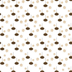 Vector Christmas stylish background in gold tones. Seamless pattern with gold and white elements, snowflakes, Christmas decorations, stars and angels for surface patterns, scrapbooking, gift wrapping