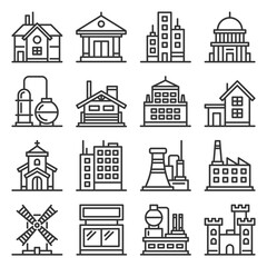 Building Icons Set. Goverment, Industrial and Live Construction. Vector