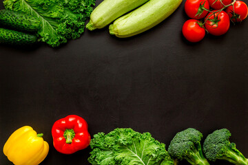 Frame of farming food - vegetables and herbs, flat lay from above