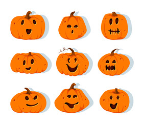 Halloween pumpkins paper cut icon set. Different shapes squash with carved cute faces emotion. Sign creepy funny cutting pumpkin smile. Decor for in October horror party invitation Vector illustration