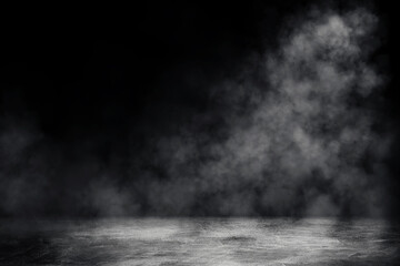 Empty space of Studio dark room with spot lighting and white smoke in black background. 
