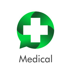 Concepto asistencia sanitaria. Logo con texto Medical con cruz en burbuja de habla lineal en color verde