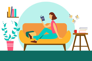 Young girl sitting on the sofa and reading a fascinating story. Illustration of the concept of education, self-education. Vector illustration in flat style.