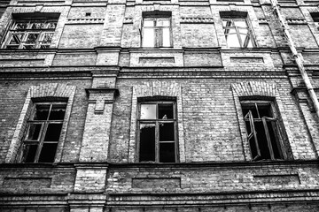 Black and white photo of a destroyed old building in the Botanical Garden. Kiev. Ukraine - 377859211
