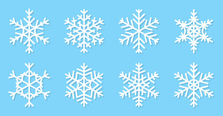 Fototapeta na wymiar Snowflakes flat set. Different shape snow icons. Winter ice crystal. Christmas symbol ornament. Frost Xmas. Decorative elements for greeting card or New Year banner. Isolated vector illustration
