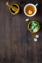 Top view of herbal tea in cup with herbs in bowls, top view