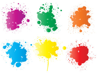 Vector collection of artistic grungy paint drop, hand made creative splash or splatter stroke set isolated white background. Abstract grunge dirty stains group, education or graphic art decoration