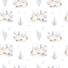 Watercolor winter pattern deer with fawn, owl rabbits, bear birds on white background. Wild forest fox and squirrel animals set. Hand painted winter illustration