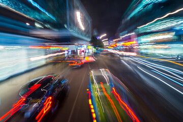 Abstract of light trails from traffic and buildings in the city of London