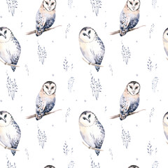 Watercolor winter pattern deer with fawn, owl rabbits, bear birds on white background. Wild forest fox and squirrel animals set. Hand painted winter illustration