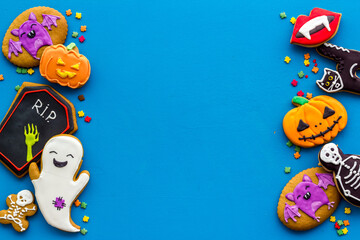Flat lay of homemade Halloween cookies. Top view, copy space