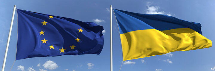 Flags of the European Union and Ukraine on flagpoles. 3d rendering