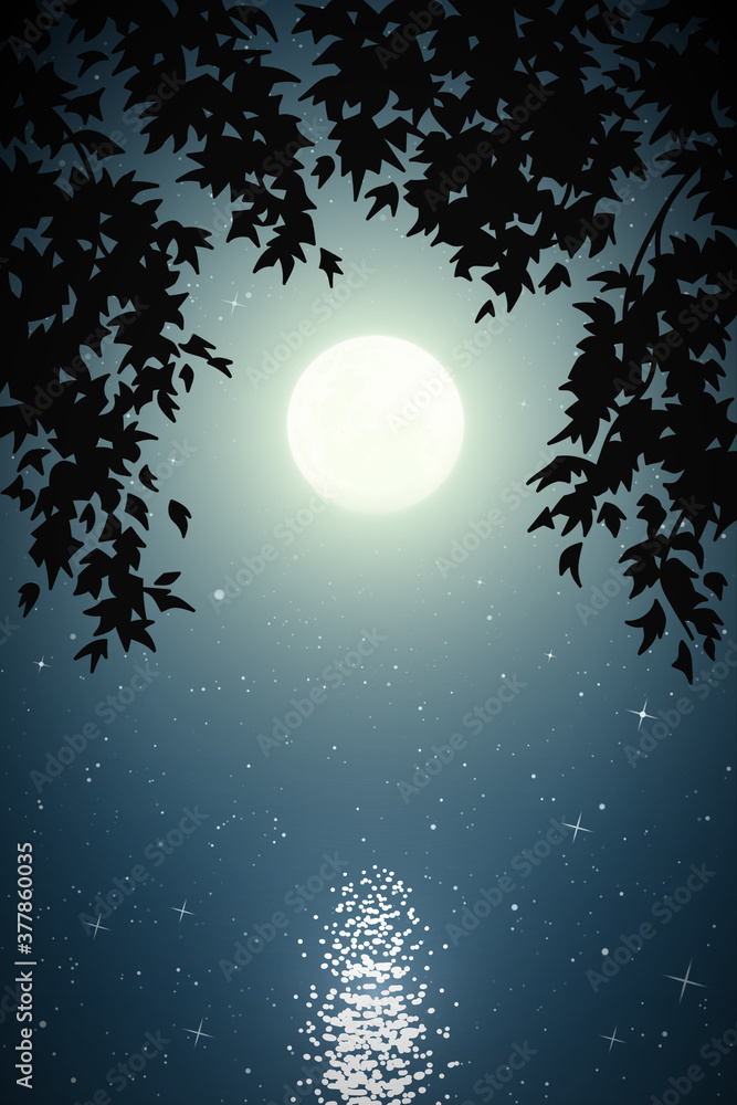 Poster landscape with lake framed by branches on moonlight night. blue mysterious background with full moon