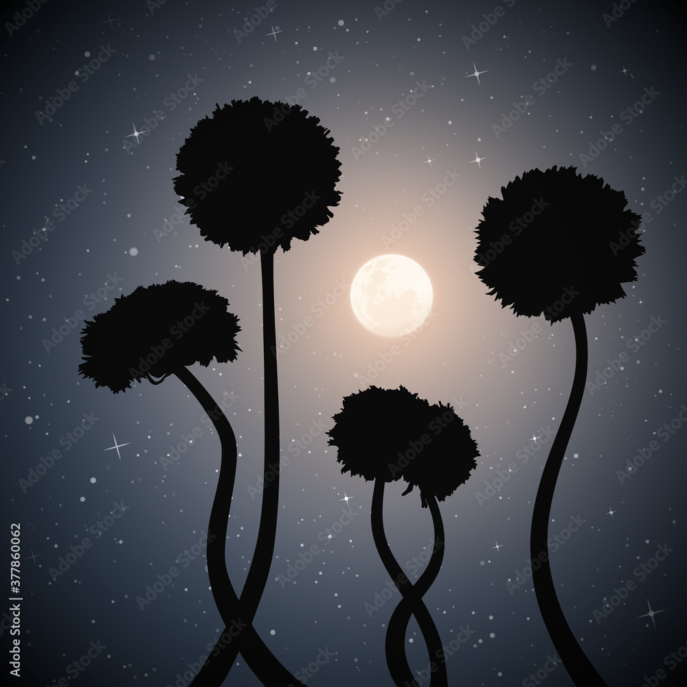 Sticker landscape with dandelions. full moon in night starry sky