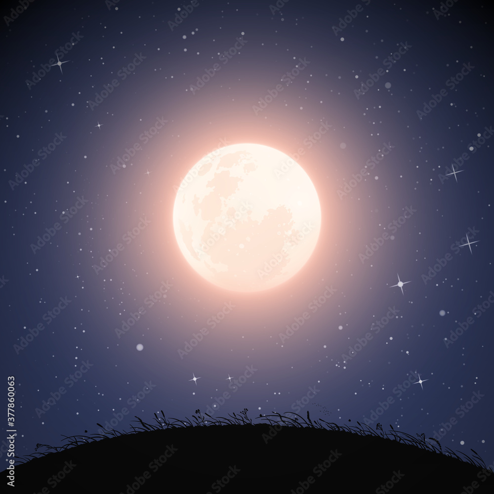Sticker landscape with grassy hill on moonlight night. navy blue mysterious background with full moon in sta