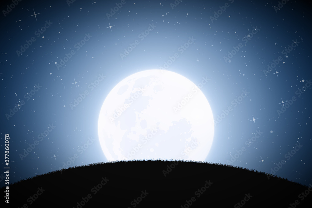 Wall mural landscape with grassy hill. full moon in night starry sky