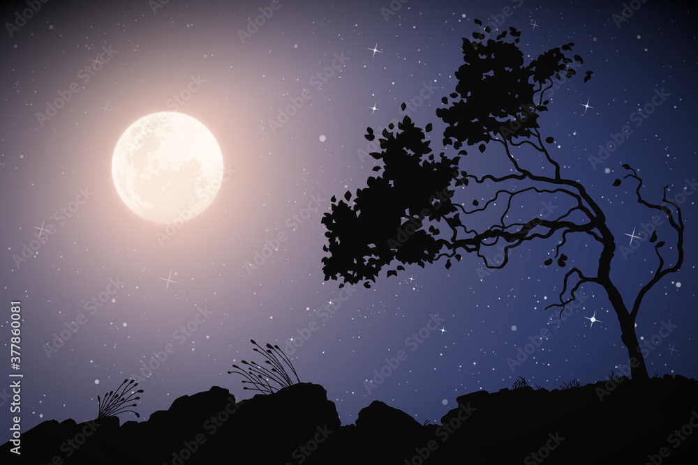 Poster landscape with lonely tree. full moon in night starry sky