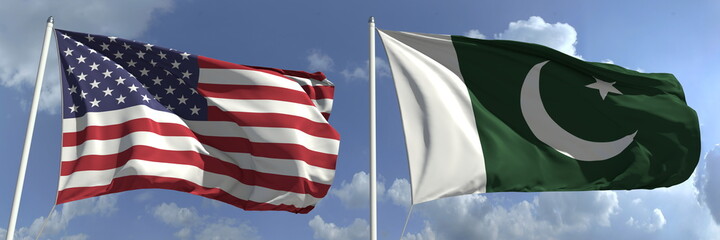 Flying flags of the USA and Pakistan on high flagpoles. 3d rendering