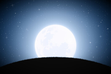 Landscape with grassy hill. Full moon in night starry sky