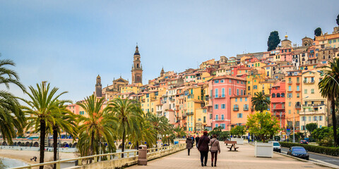 Obraz premium Pastel colored houses in the old town of Menton, on the French Riviera