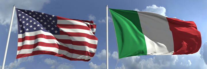Flying flags of the USA and Italy on high flagpoles. 3d rendering
