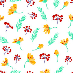 Fototapeta na wymiar vector pattern with autumn leaves and flowers. background from bright autumn elements. seamless ornament of berries and falling leaves