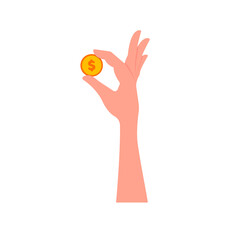 The hand holds a coin with two fingers. Vector illustration, flat cartoon design, isolated on white background, eps 10.