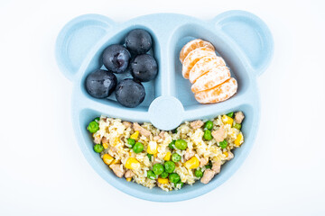 A plate of baby nutrition meal on white background