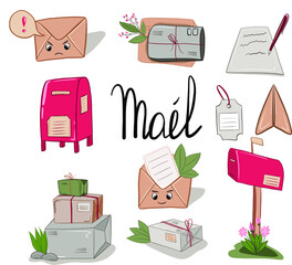 Mail delivery service cartoon set. Letter and mailbox, package and parcel, plane.