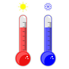 Flat design of Thermometer measuring heat and cold, with sun and snowflake icons, vector illustration