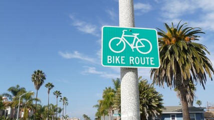 Bike Route green road sign in California, USA. Bicycle lane singpost. Bikeway in Oceanside pacific...