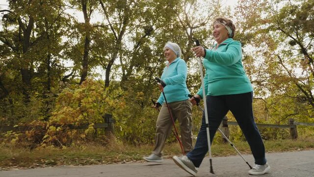 Smiling elderly women with trekking poles walk in nature. Practicing Nordic walking outdoors