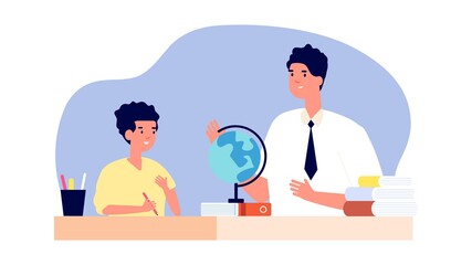 Private teacher. One to one training, boy on geography lesson. Student practice or part-time tutor for school children. Personal studying vector illustration. Education lesson, study boy child