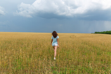 Naklejka na ściany i meble Young Woman In Wheat Field At Summer