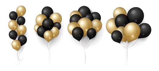 Gold black balloons. glittered balloon bunch, isolated flying festive decoration. realistic 3d birthday wedding sale or anniversary elements vector illustration. Gift balloon helium to celebration