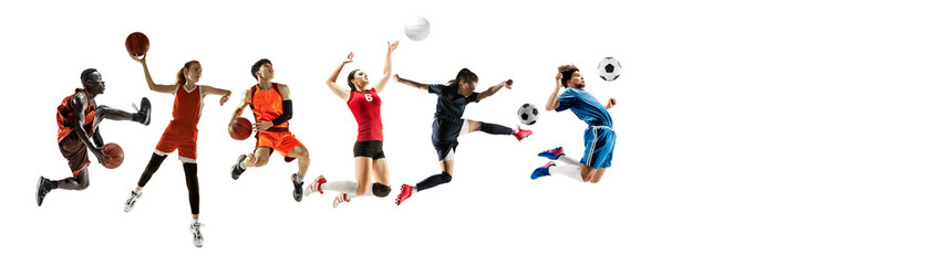Sport collage of professional athletes or players isolated on white background, flyer. Made of...