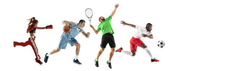 Sport collage of professional athletes or players isolated on white background, flyer. Made of different photos of 4 models. Concept of motion, action, power, target and achievements, healthy, active