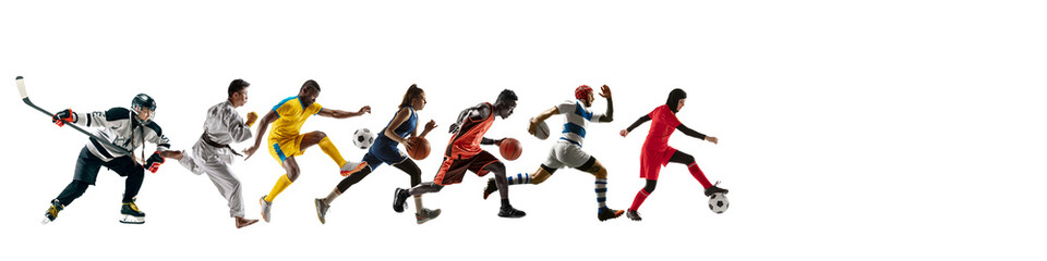 Sport collage of professional athletes or players isolated on white background, flyer. Made of...