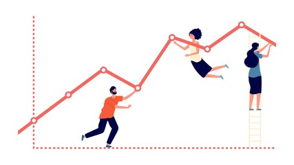 Pushing upward graph. Work results, increase profit and business growth metaphor. Flat people progress, teamwork and development vector concept. Illustration teamwork progress and achievement