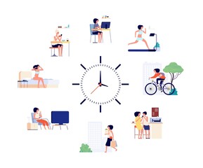 Woman daily schedule. Female activities every day, different life situations and clock. Girl wake up working drinking coffee and meeting friend vector illustration. Woman daily schedule, office home